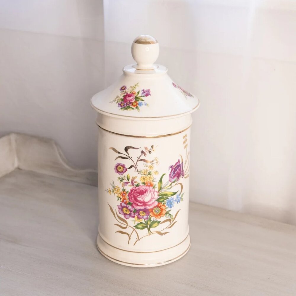 Tall Cream Ceramic Lidded Jar with Floral Designs and Gold Details